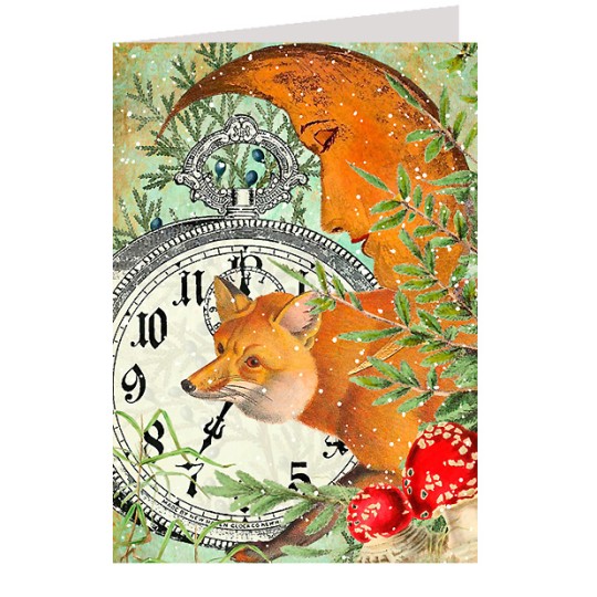 Fox, Moon and Red Mushrooms with Clock Christmas Card ~ England